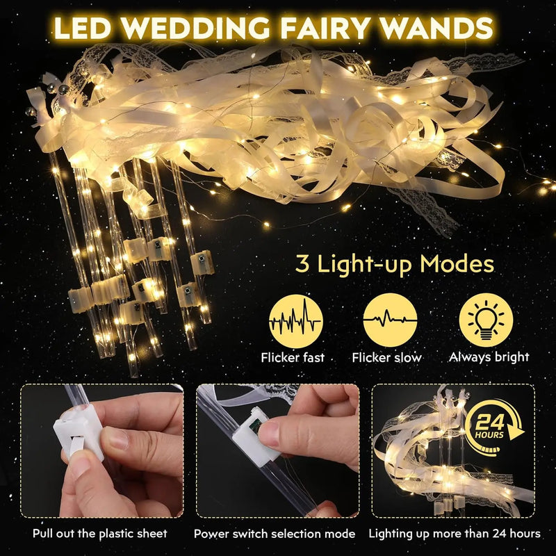 12-60Pcs Light Up Wedding Sparklers LED Wedding Wands Streamers Silk Fairy Wands with Bells  for Wedding Birthday Party Supplies