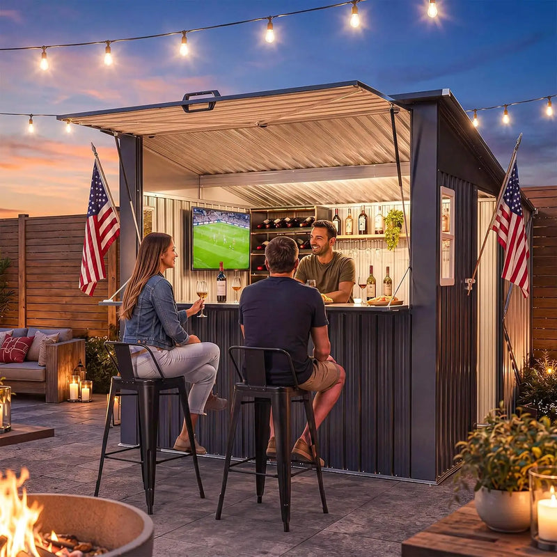 8x7 FT Outdoor Bar Shed with Canopy Black Sloped Roof - View 3 | SAMAG