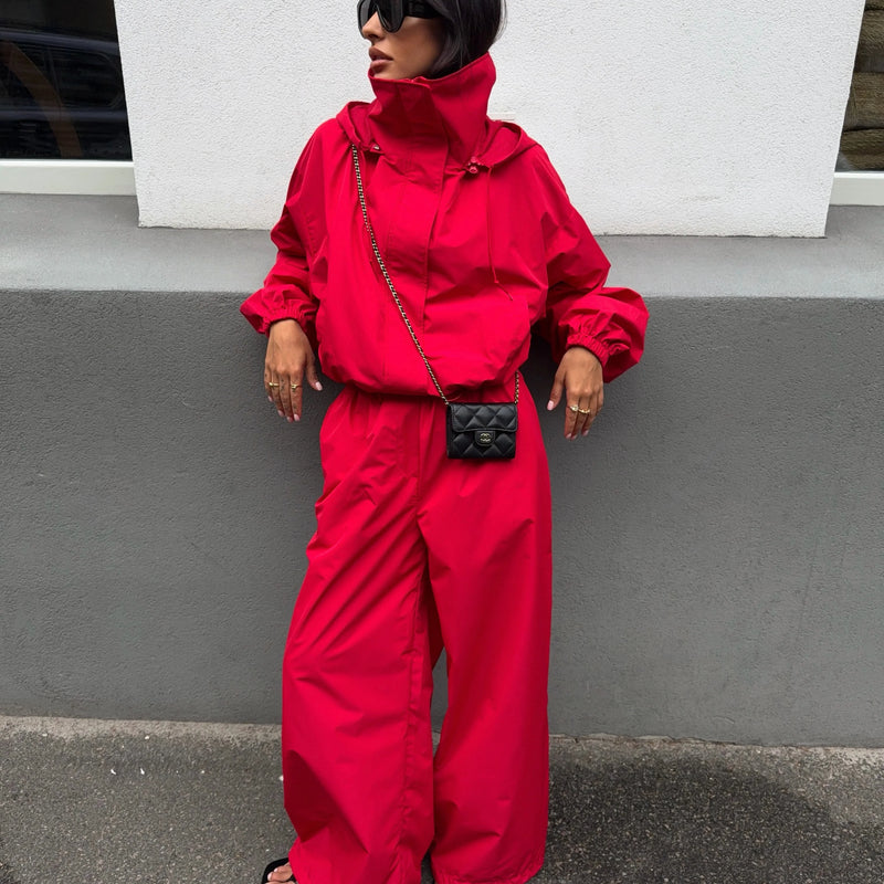 Women Hood Stand Collar Loose Jumpsuit Long Sleeve Elastic Waist Wide Leg Overalls Casual Streetwear One Piece Outfit For Ladies