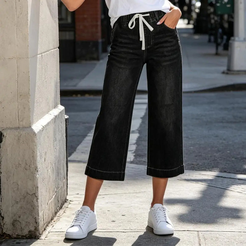 Cropped Pants for Women, High-Stretch Denim Wide-Leg Trousers, Drawstring Waistband Casual Summer Pants Denim Jeans Women