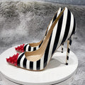 Black and white striped patent leather color blocked rivet pointed thin heel shallow mouth sexy super high heels single shoe