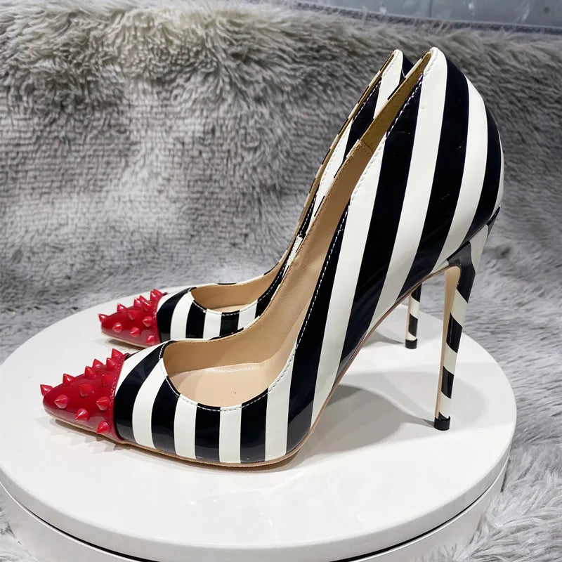 Black and white striped patent leather color blocked rivet pointed thin heel shallow mouth sexy super high heels single shoe
