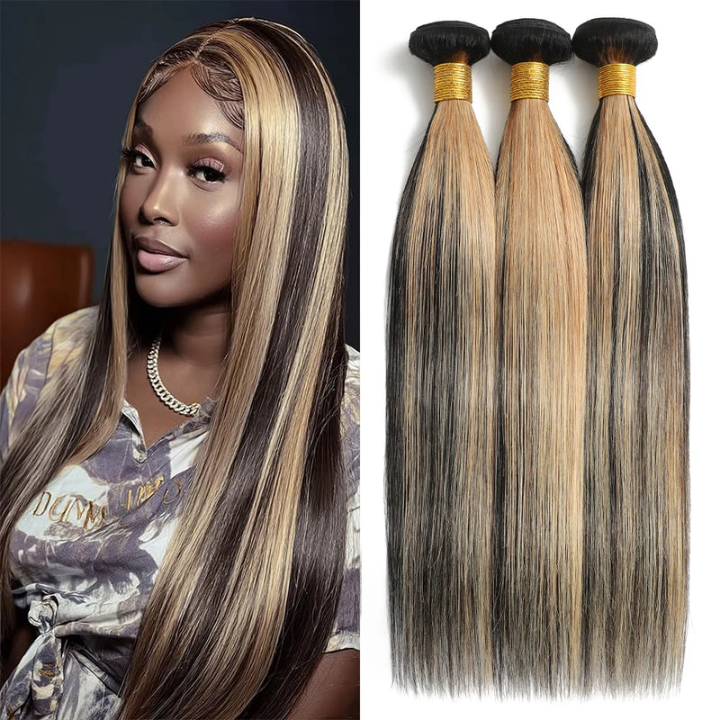 100% Brazilian Remy Virgin Hair Ombre Straight Bundles Colored Brown Highlight Human Hair Bone Straight Sew In Hair Extension