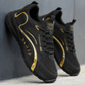 Trendy Black and Gold Color-Blocking Mesh Casual Shoes, Men's Breathable Shock-Absorbing Thick-Soled Sneakers, Versatile Soft-Soled Non-Slip Men's Shoes for Daily Commuting