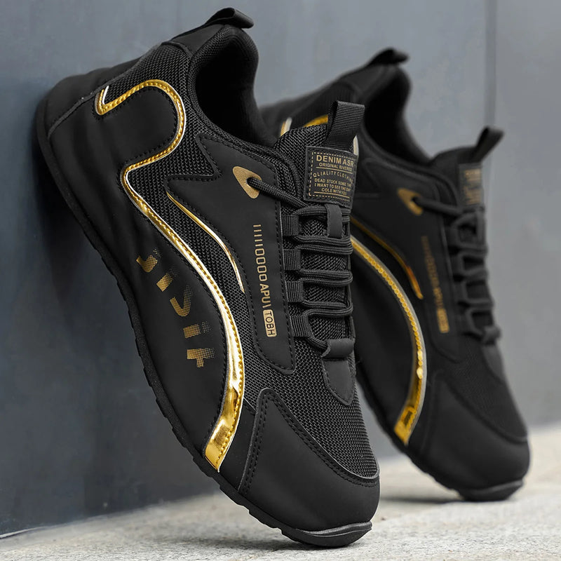 Trendy Black and Gold Color-Blocking Mesh Casual Shoes, Men's Breathable Shock-Absorbing Thick-Soled Sneakers, Versatile Soft-Soled Non-Slip Men's Shoes for Daily Commuting