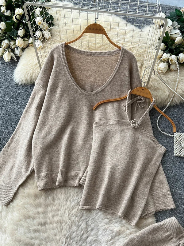 SINGREINY Lazy Knitwear Autumn Suits Simple Loose Pullover+Halter Mini Tank Top+Wide Leg Pants Women Sensual Sweater 3Pcs Sets