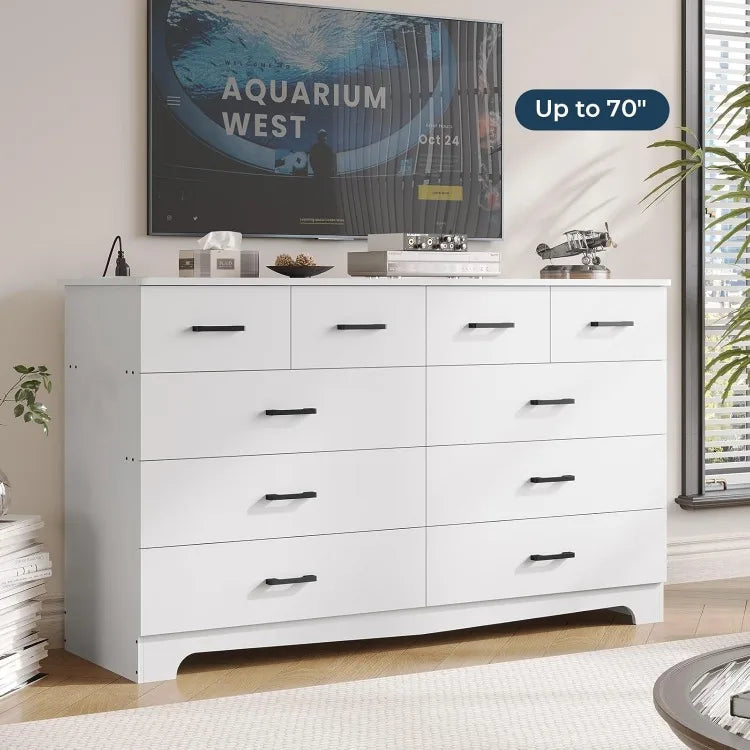 White Dresser 10 Drawers Chest Storage Organizer TV Stand Power Outlets Bedroom Living Room, Customized