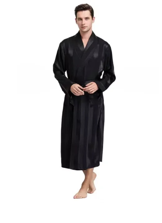Plus Size 3XL 4XL 5XL Men Robe Sleepwear Navy Blue Stripe Kimono Bathrobe Gown with Pocket Summer Satin Home Clothes Lounge Wear