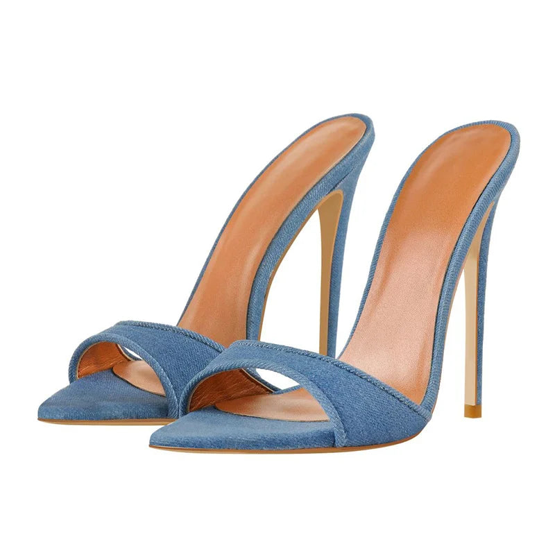 Onlymaker Women Peep Toe Mules Gold Slip On Thin High Sandals Big Size Classic Fashion Lady Sandals
