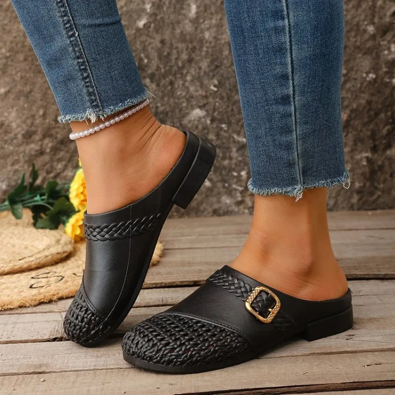 Ladies Hollow Mule Clogs Decorative Square Buckle Low Heel Slides Lightweight PU Non Slip Walking Casual Shoes for All Seasons