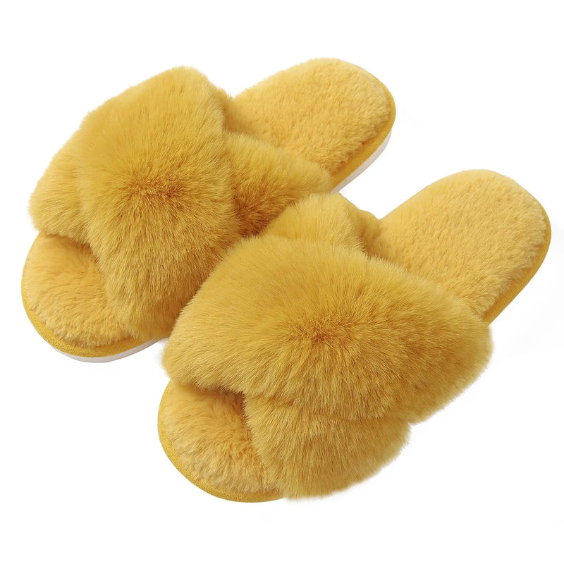 Shevalues Fashion Fluffy Home Slippers For Women Winter Indoor Open Toe Furry Cotton Shoes New Casual Furry Cozy Soft Slippers