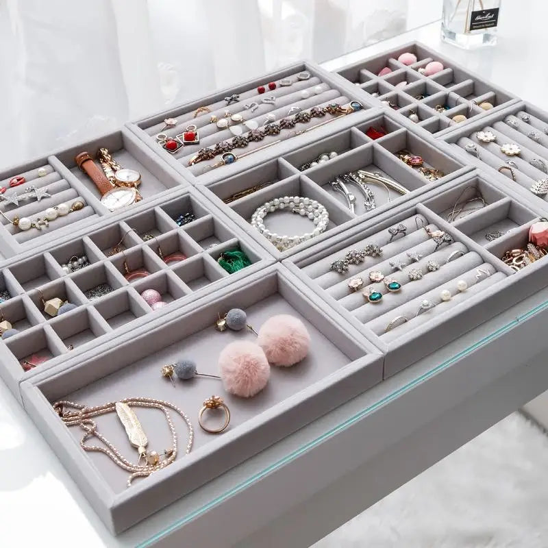 Velvet Jewelry Storage Box Earrings Necklace Ring Bracelet Display Stand Gold Tray - Visuel 2 | SAMAG