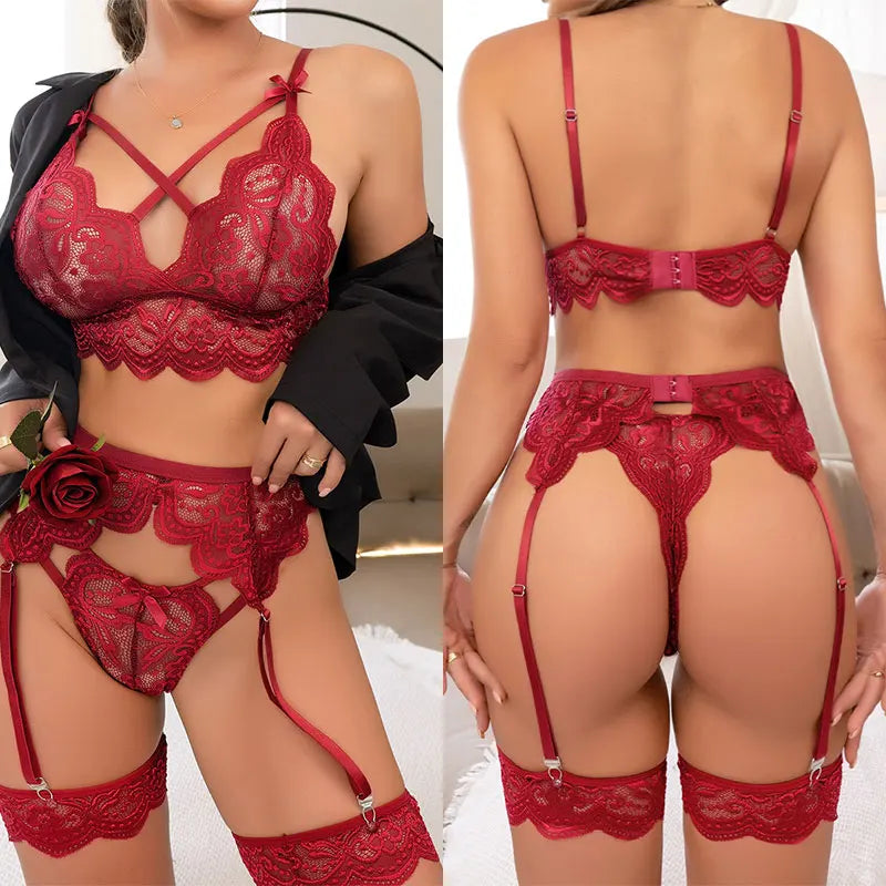 Porn Plus Size Sexy Lingerie Bra And Panty Garters 3pcs See Through Sexy Hollow Out Women's Underwear Set Erotic Lace Bra Set