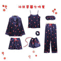 Spring Autumn 7 Pieces Set Silk Elegant Women Pajamas Print Shorts Long Sleeve Top Elastic Waist Pants Lounge Sleepwear
