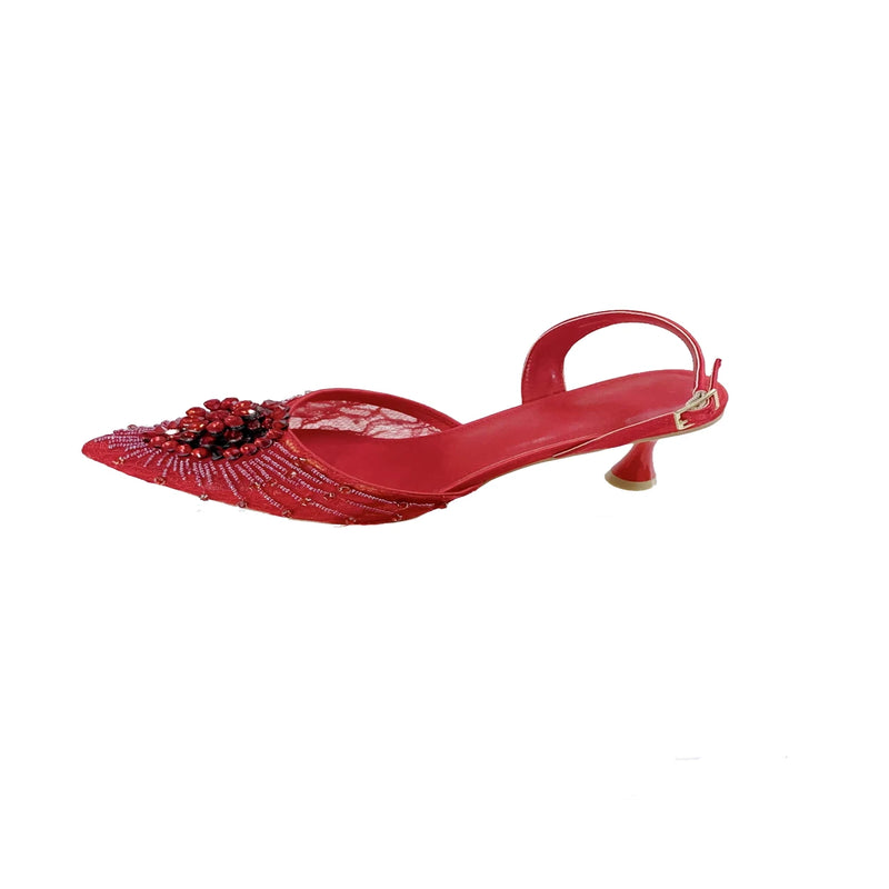 INSIGHTLINK Red Color Party Shoes and Bags Nigerian Women’s Suit Medium Heel Pointed Toe Women’s Shoes  Rhinestones sandals Red