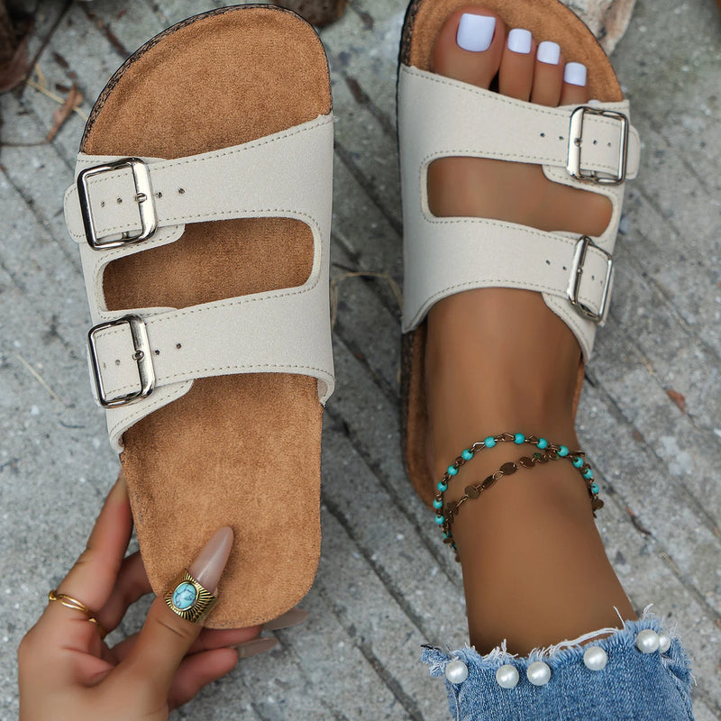 Women's Casual Simple Buckle-Adjustable Pu Suede Upper Double-Bar Beach Slippers Flat-Soled Slip-On Outdoor Home Cork-Patterned Slippers