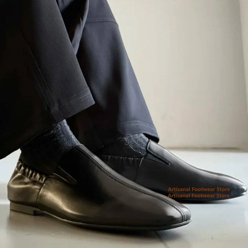 Square Toe Slip On Loafers Men's Black Leather Casual Shoes Business Casual Leather Shoes Flat Trendy Handmade Men's Shoes