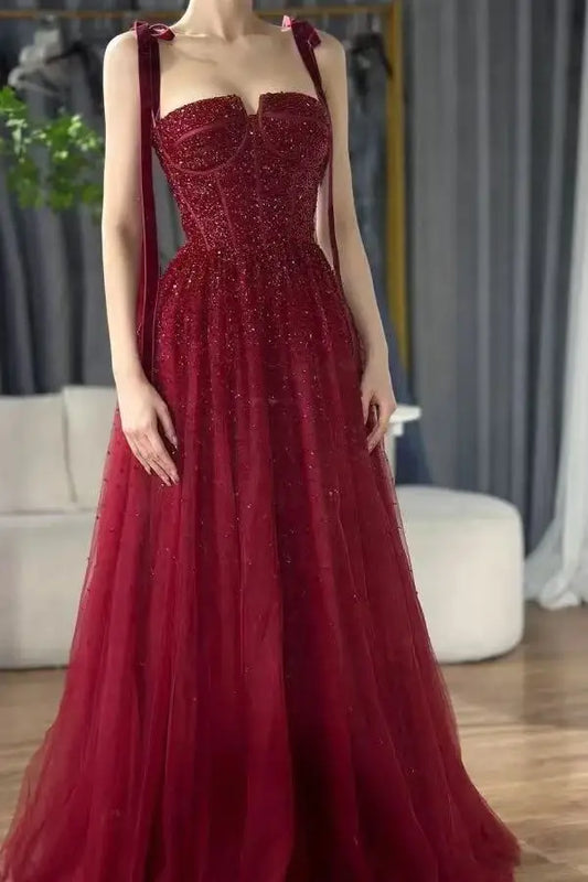 Customized Crystal Tulle A-line 2026 Evening Dresses for Women Red Shiny Sequined Party Dresses Strapless Princess Prom Dress