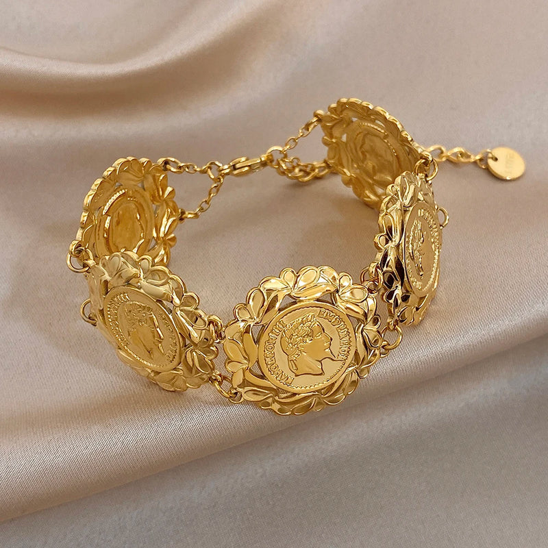 Vintage Gold Plated Stainless Steel Coins Wrist Bracelet for Women Men Classic Ethnic Cuff Bracelets Waterproof Jewelry