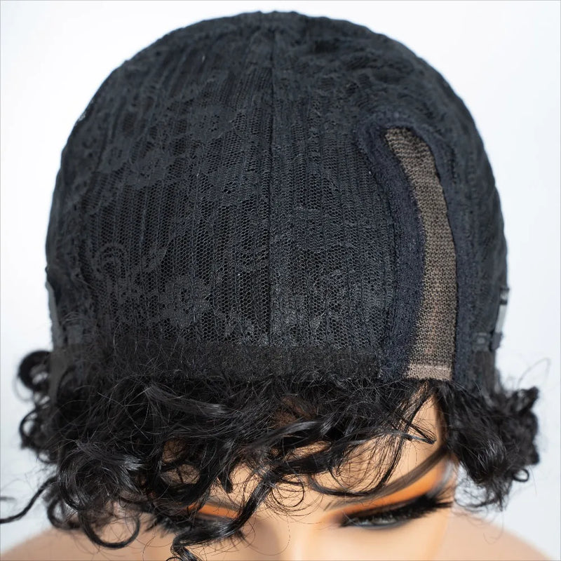 Natural Brown Short Pixie Cut Part Lace Jerry Curly 100% Human Hair Wigs With Bangs For Women Peruvian Remy Hair Glueless Wigs