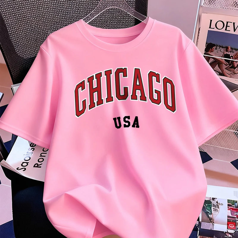 Chicago Usa Letter Printing T-Shirt Women Cotton Summer Short Sleeve Tops Comfortable Soft O-Neck T Shirt Casual Womans Clothes