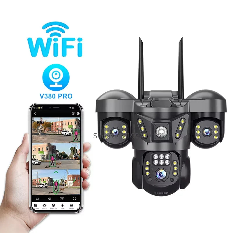 Solar 4G/WIFI IP Camera 15MP Three Lens Three Screen  Waterproof Monitor Night Vision Security Protection PTZ Video Surveillance