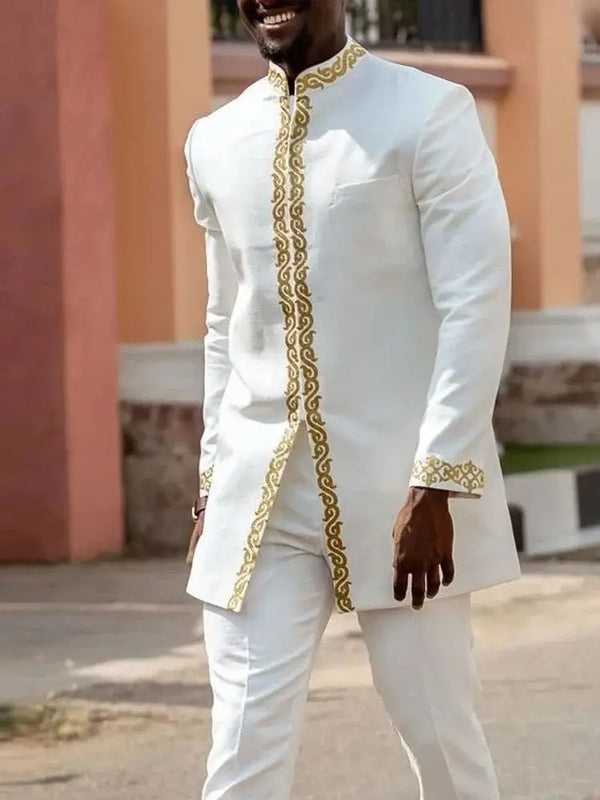 Summer Short Sleeve Men's Kuanda Suit Stand Collar Single Breasted Tuxedo Men's Suit Wedding Ethnic Style 2 Piece Sets Outfits
