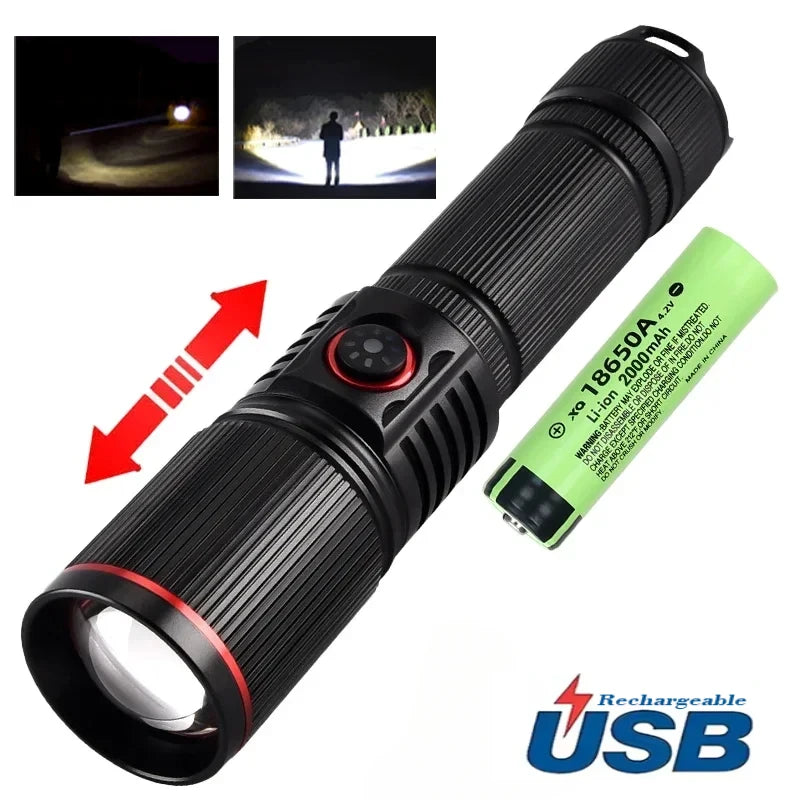 30W High Power LED Flashlight Zoom Torch USB Rechargeable Light Outdoor Camping Hunting Fishing Walking Riding Lighting Lamp
