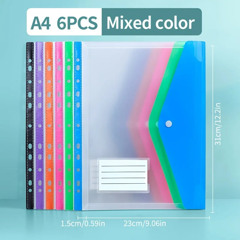 6/12pcs A4 11 Holes Binder Pocket Organizer Folders Transparent File Bag Document Pouch with Button Label for School Home Office