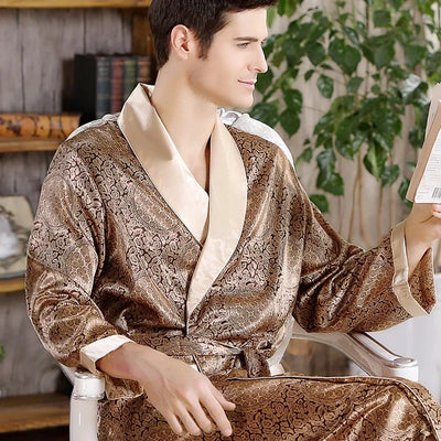 Men Bath Robe Satin Print Gold Kimono Bathrobe Silk Long | SAMAG