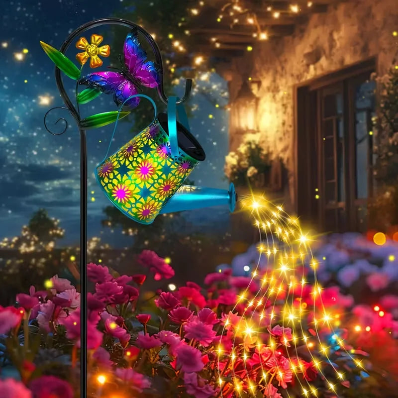 Solar-Powered Butterfly Watering Can and Lantern Garden Decor—Perfect Accents for Outdoor Pathways, Patios, and Lawn Landscapes