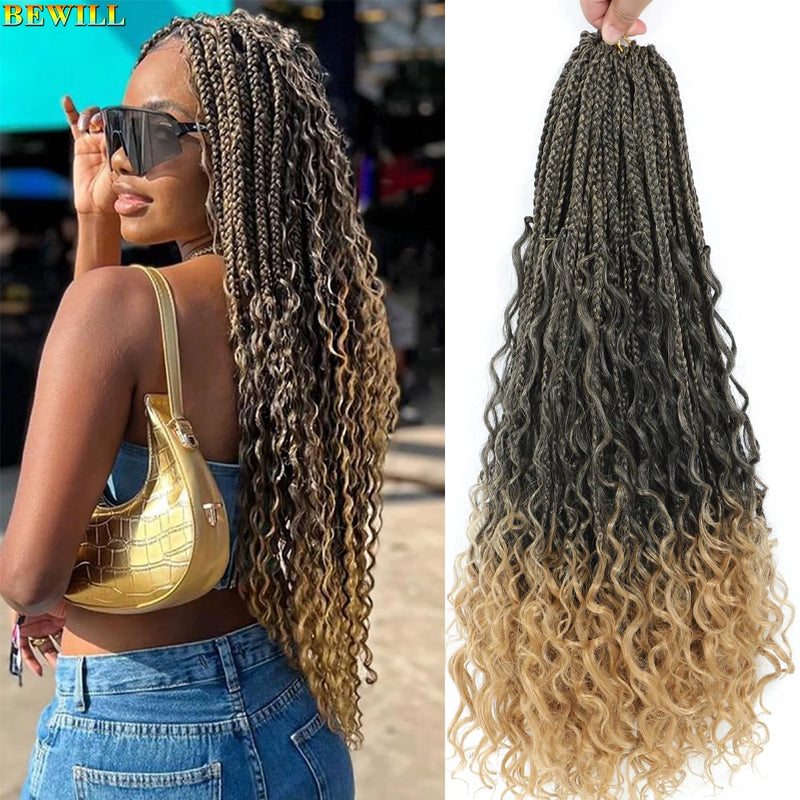 Bewill 1- 8 Packs Goddess Bohemian Box Braids Crochet Hair With Curly Ends 14 18 24 Inches Synthetic Box Braids Hair Extensions