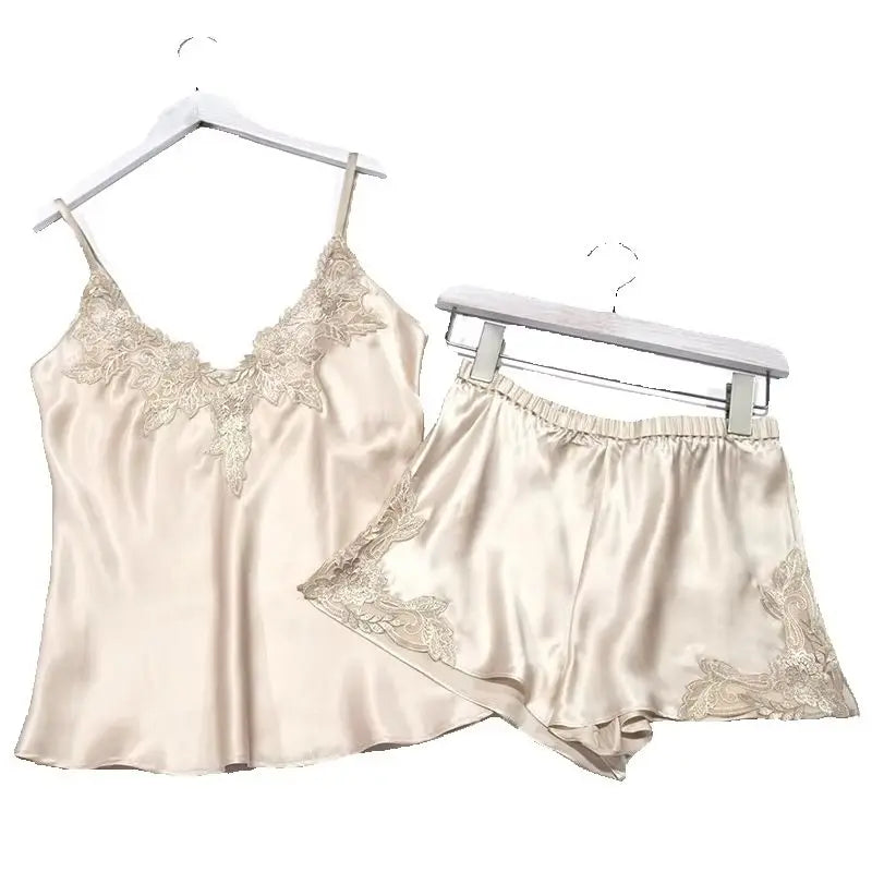 Summer  silk pajamas women's Sleepwear Nighty Panty Silk Nighty lace large home clothes 4XL Camisole shorts two-piece sexy