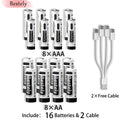 New 1.5V AAA 3600mAh+AA 5800mAh Lithium Ion Rechargeable Battery Fast Charging USB-C Li-ion Batteries 2000 Cycle with Free Cable