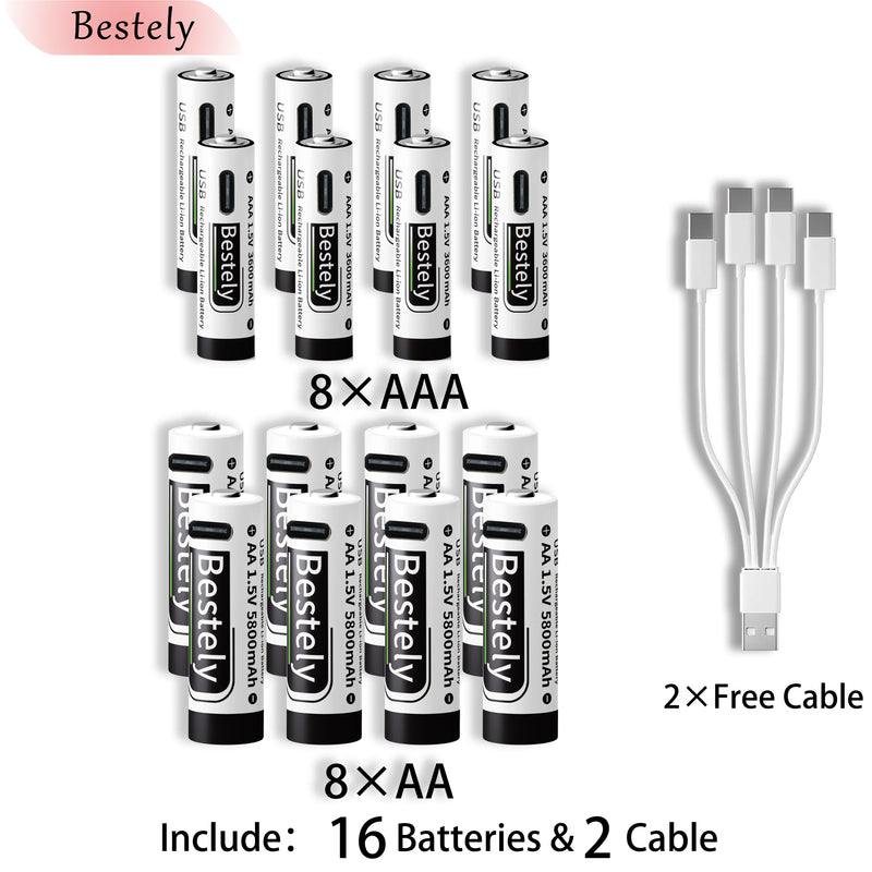 New 1.5V AAA 3600mAh+AA 5800mAh Lithium Ion Rechargeable Battery Fast Charging USB-C Li-ion Batteries 2000 Cycle with Free Cable