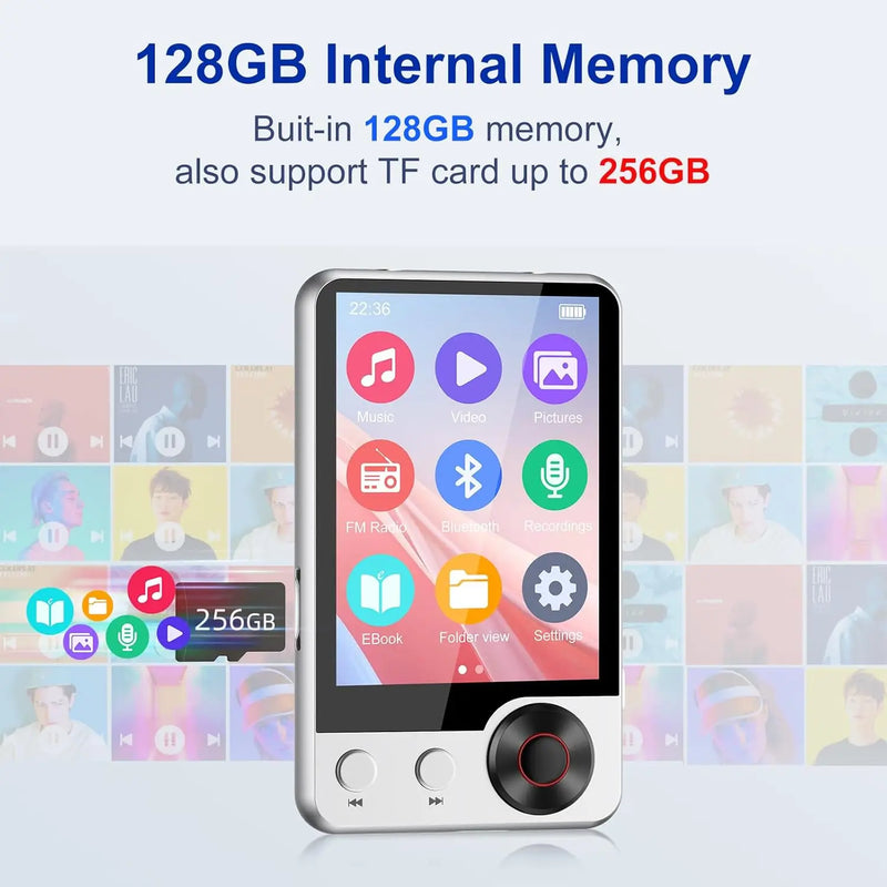 128GB MP3 Player with Boosted Bluetooth 5.3, Music Player Features HD Speaker, 2.4" Touchscreen, Expandable SD Card Slot, Dual