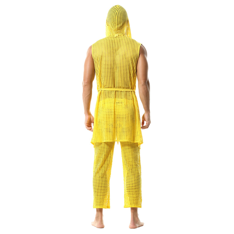 Men's Fishnet Hollow Out Robes Classic Lounge Pants Sexy Sleepwear Mens Robe Sets Daily Home Sleeveless Bathrobes Hooded Pajamas
