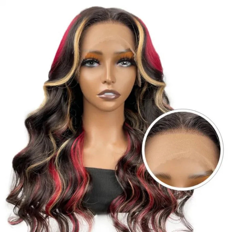 Red Black With Blonde Highlight 13X6 Lace Front Wig Body Wave Synthetic Glueless pre plucked With Baby Hair Lace Frontal Hair