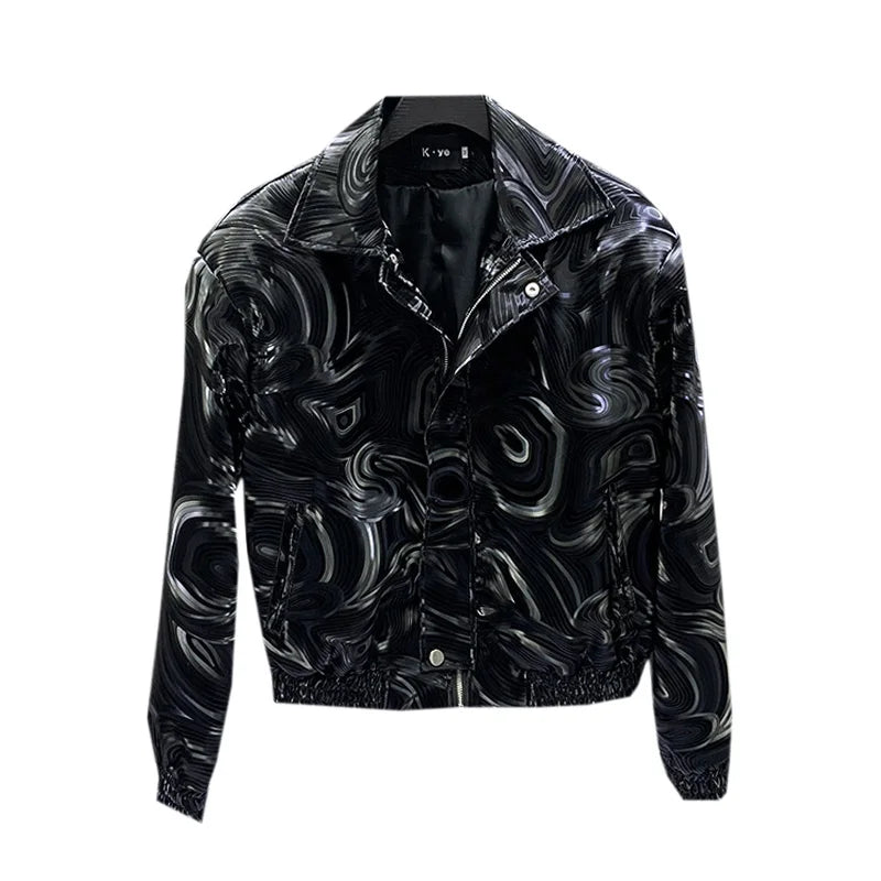 Mauroicardi Spring Autumn Cool Short Black Shiny Geometric Faux Leather Jacket Men Zipper Stylish Luxury Designer Clothes