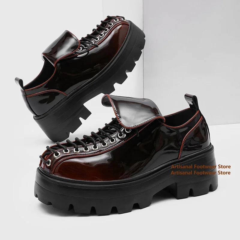 Thick Soled Derby Shoes British Style Men's Lace Up Round Toe Casual Leather Shoes Trendy Handmade Height Increasing Men's Shoes