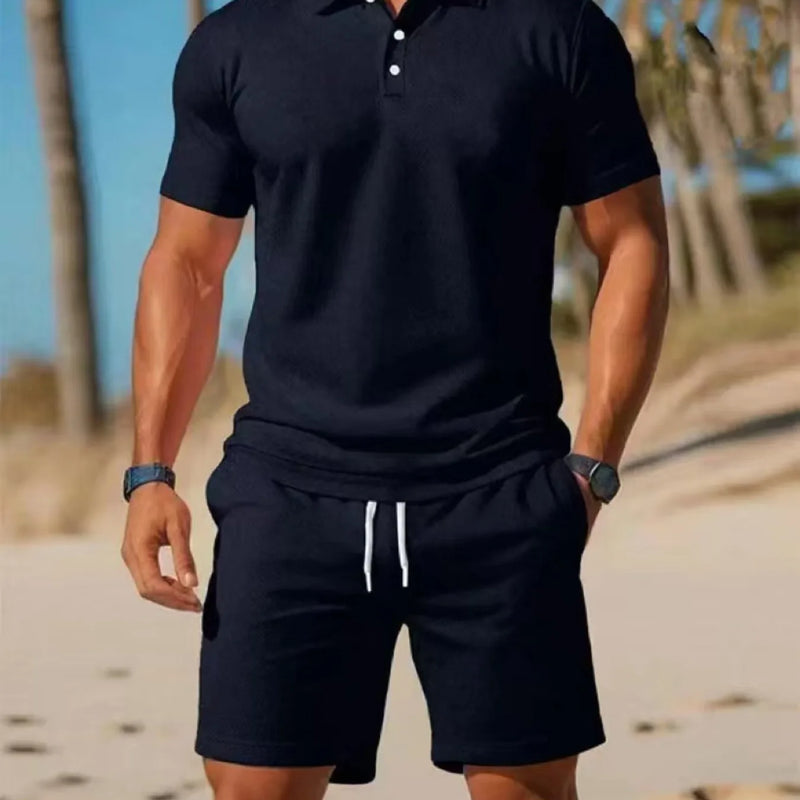 Summer New Men's Polo Shirt Set Casual Sporty Cool Fashionable Slim Fit Solid Color Short-Sleeved Shorts Set Men's