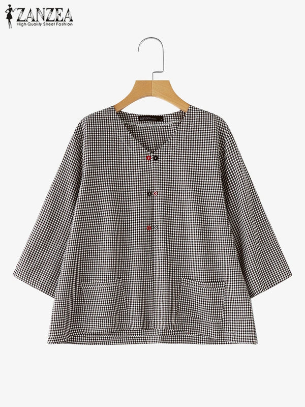 Casual Loose Women Blouse ZANZEA Summer Round Neck Shirt - View 2 | SAMAG