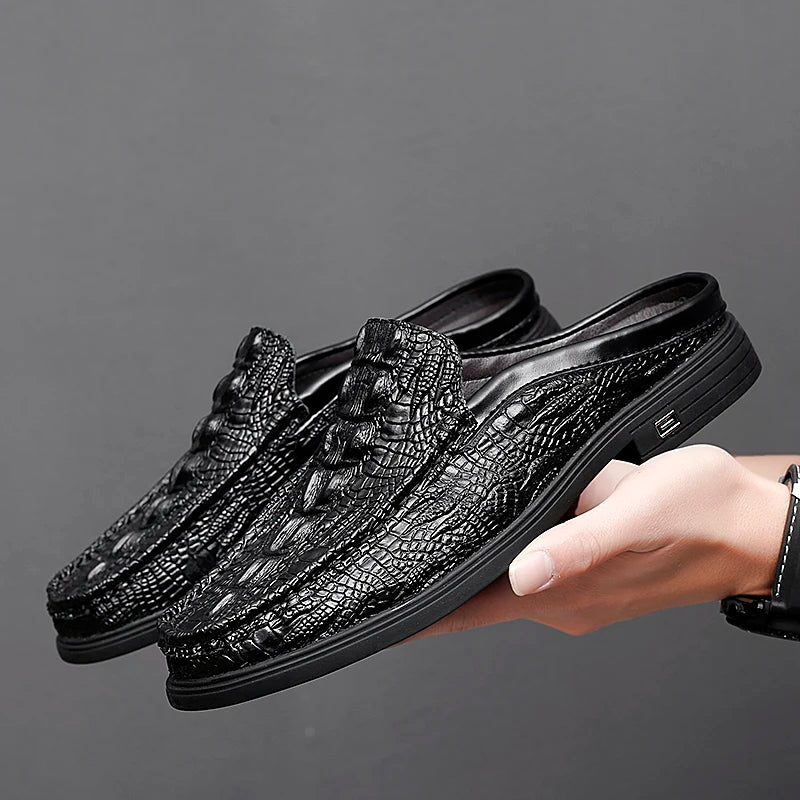 Summer Classic Half Shoes men Genuine Leather Crocodile pattern man Half Slippers Casual Outdoor Mules Non-slip Moccasins hombre