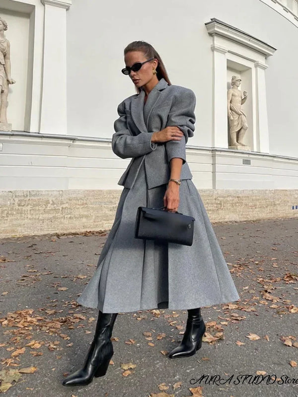Women Two Piece Skirt Set Women Puff Sleeve Lapel Blazer Coat High Waist Pleated Midi Skirt Suit Autumn Lady Formal Outfit