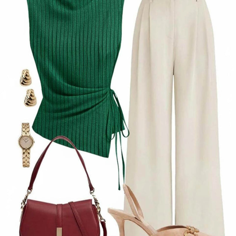 Women's Sleeveless Side Tie Top Matching High Waist Wide Leg Pants For Office Daily Dinner Casual Fashion Occasions