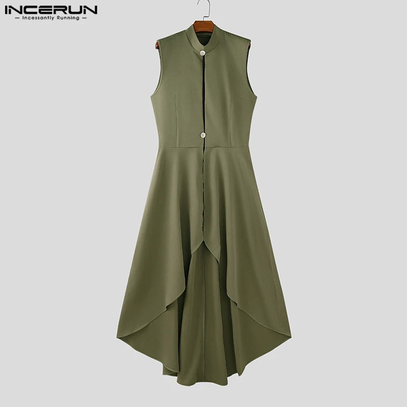 INCERUN Men Vests Solid Color Stand Collar Sleeveless Male Long Style Waistcoats Streetwear 2025 Fashion Casual Male Dress Vests