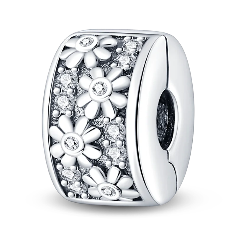 Silver Clasp 925 Sterling CZ Pave Clip Charms Daisy Beads Stopper Safety Chain Fit Original Bangle - Visuel 28 | SAMAG