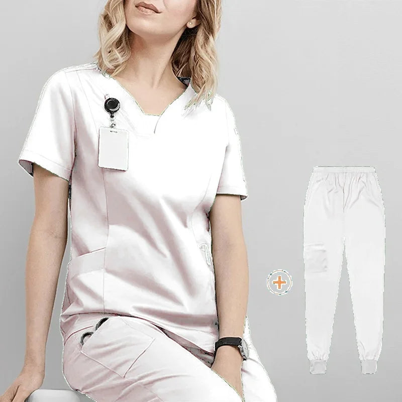 Woman Medical Scrubs Set, V-Neck Short Sleeve Nursing Uniforms With Multi-Pockets, Professional Workwear For Dental Clinic, Sp