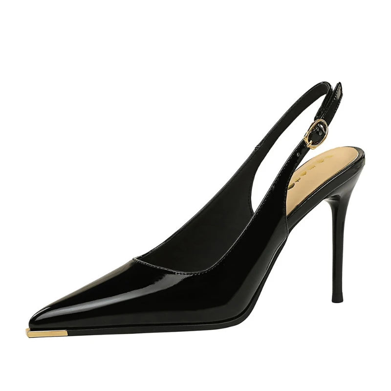 Fashionable Simple Patent Leather Pointed High Heel Shoes Slim Heels Single Shoes Behind Empty Back Trip Strap Women's Shoes