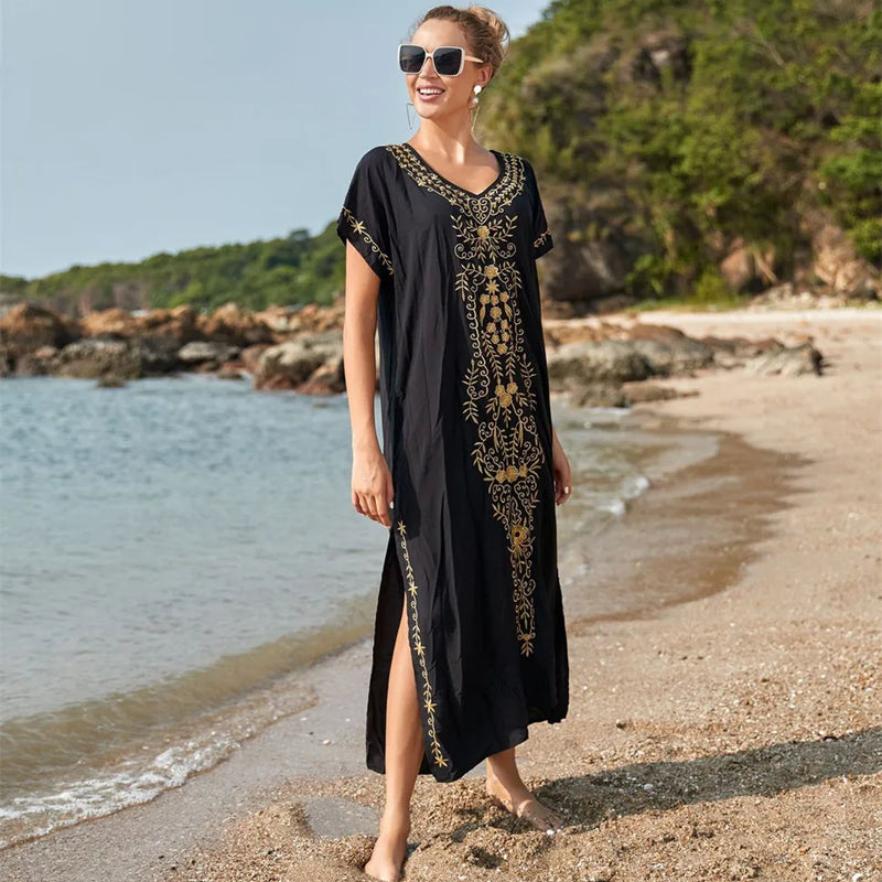 Swimsuit Cover Ups Embroidery V Neck Short Sleeve Swim Cover Up for Women Kaftan Dresses